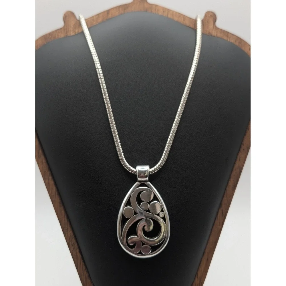 Brighton Silver Tone Teardrop Scroll Openwork Pendant Snake Chain Necklace